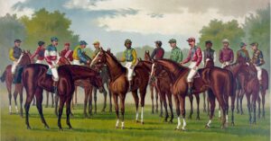 American Turf, Sieger Rennpferde mit Jockeys um 1900, Illustration